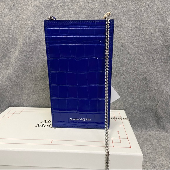 SOLD NWT $690 Alexander McQueen Skull Croc Leather Phone Bag Royal Blue - Picture 4 of 16